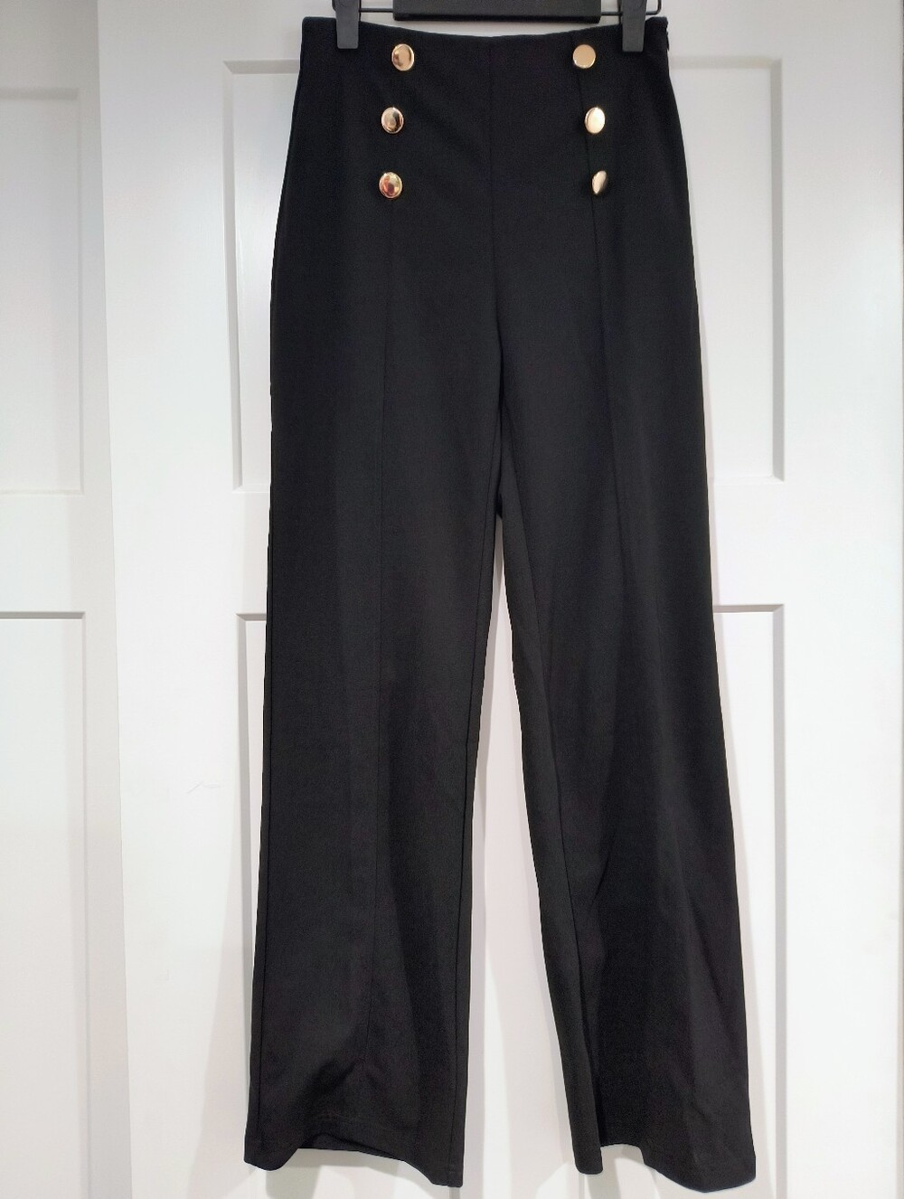 High-Rise Black Wide-Leg Pants with Gold Buttons